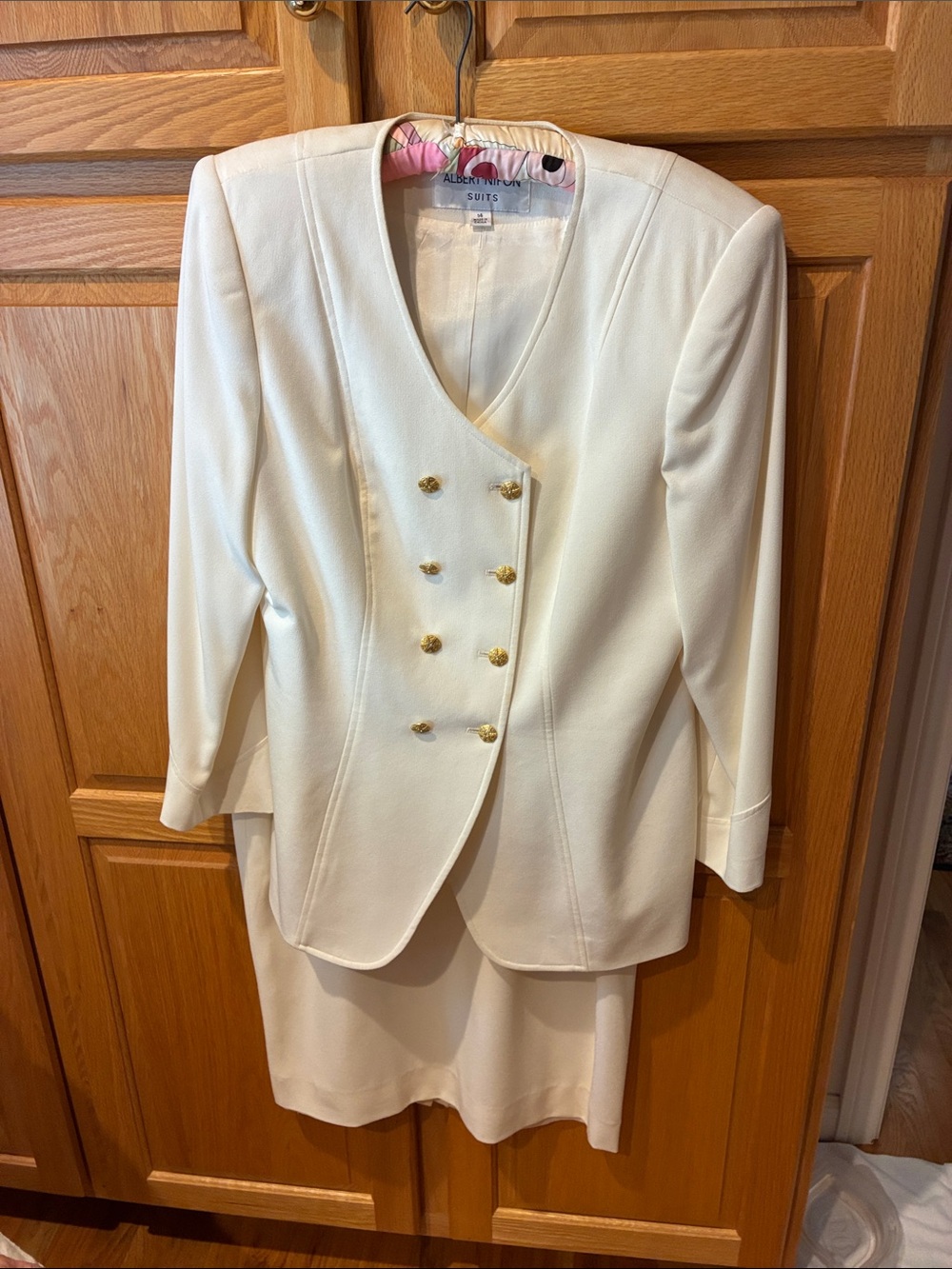 Albert Nipon Cream Double-Breasted Blazer with Gold Buttons and straight skirt